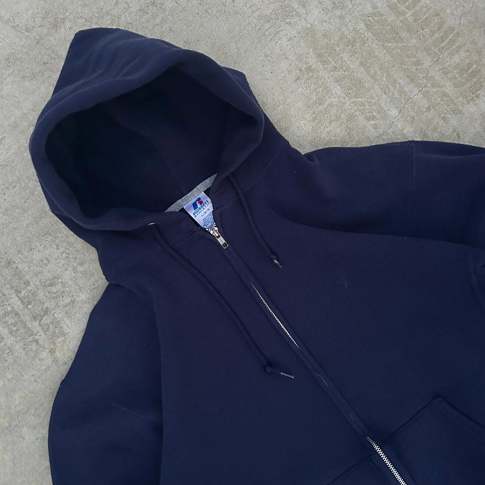 Russell Athletic Hoodie Large Navy Blue Zip Up Vintage Y2K Blank Streetwear